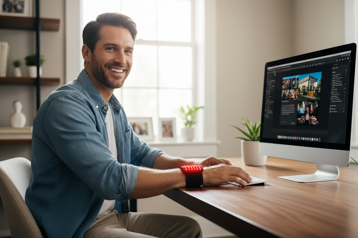 Happy person using wrist band pain-free